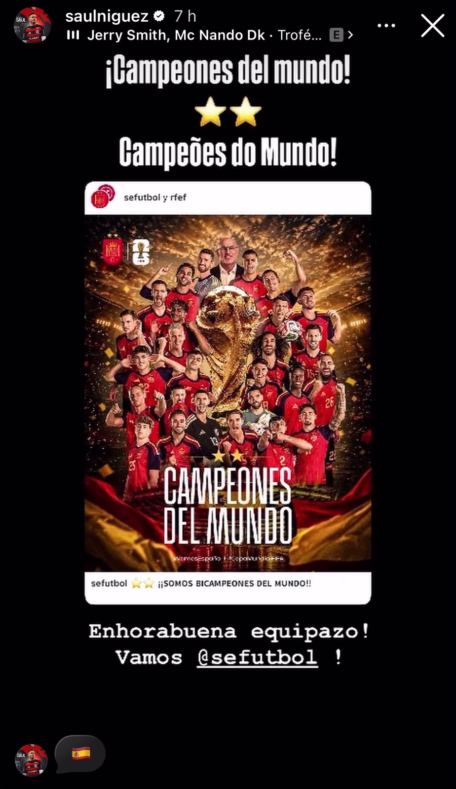 Jogador do Flamengo vibra com título da Espanha sobre a Argentina na Copa do Mundo